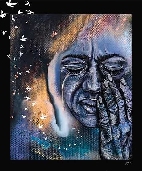 A woman weeping as her tears become doves